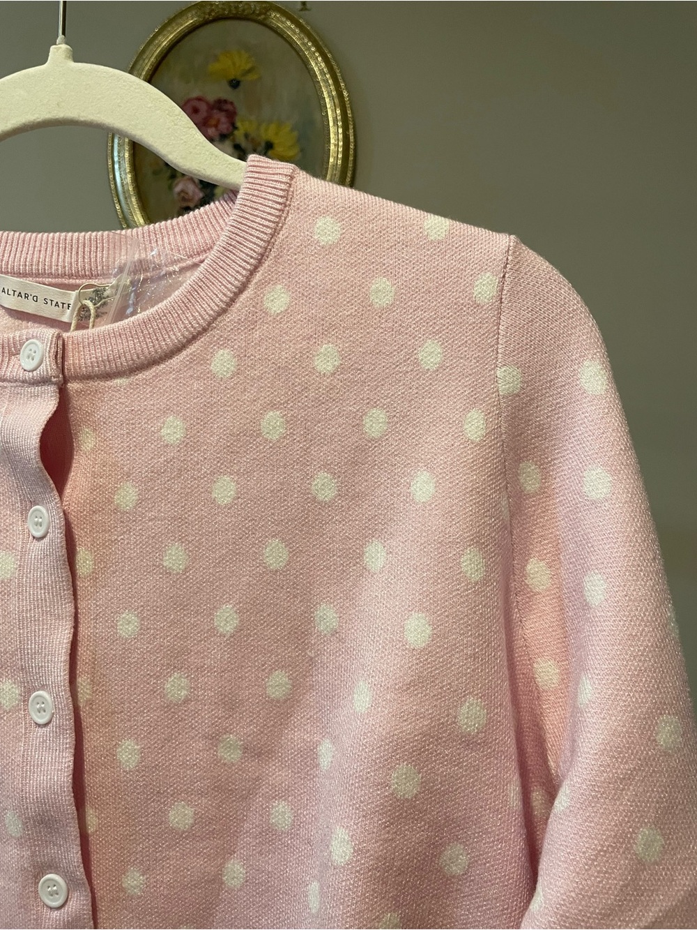 Polka Dot Crewneck Cardigan - Pink - Picture 2 of 3